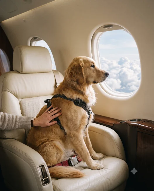 全员登机 · 系好安全带望向窗外的金毛犬